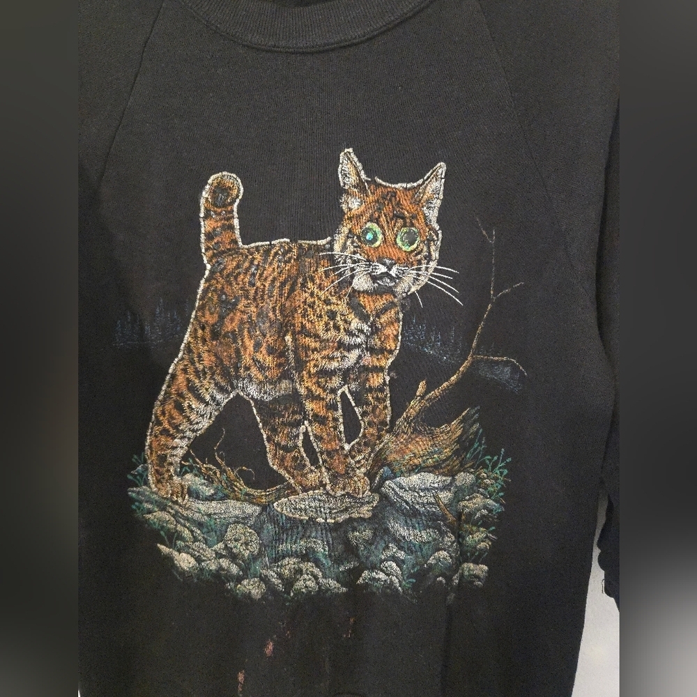 Vintage Lynx Bobcat Wildcat Sweatshirt Jeweled Embellished Eyes Womens Medium US - Picture 2 of 8